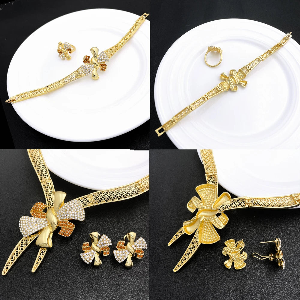 Conjunto de Joias Femininas Banhadas a Ouro 18k, Design Clássico, Colar, Brinco, Pulseira e Anel, Conjunto de 4 Peças, Joias para Festa de Casamento, Itália