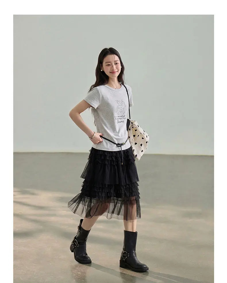 Korean Style Lace Elastic Waist Cake Skirt Mesh Puffy Skirt Women's Dress Knee Length Casual A-Line Skirt Micro Stretch No Slit
