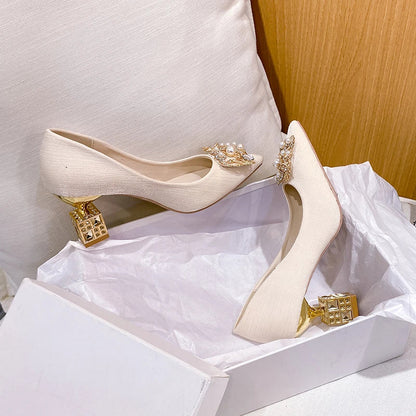 Autumn New Ladies High Heels Pointed Toe Shaped Heel High 5cm and 7cm Wedding Shoes Square Buckle Travel Banquet Shoe High Heels