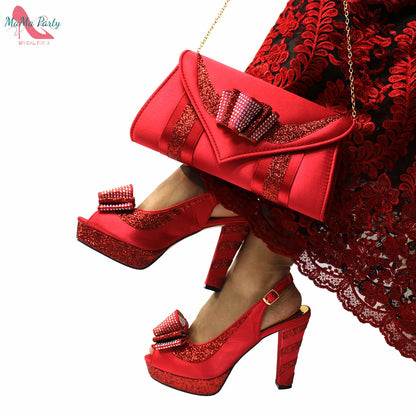 Fashion Pretty Peep Toe African Women Shoes Matching Bag Set in Silver Color Elegant Style Platform Sandals for Party