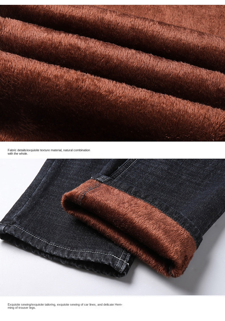 2023 Winter Men Black Blue Straight Stretch Denim Thick Velvet Pants Warm Jeans Casual Fleece Line Trousers Male Plus Size