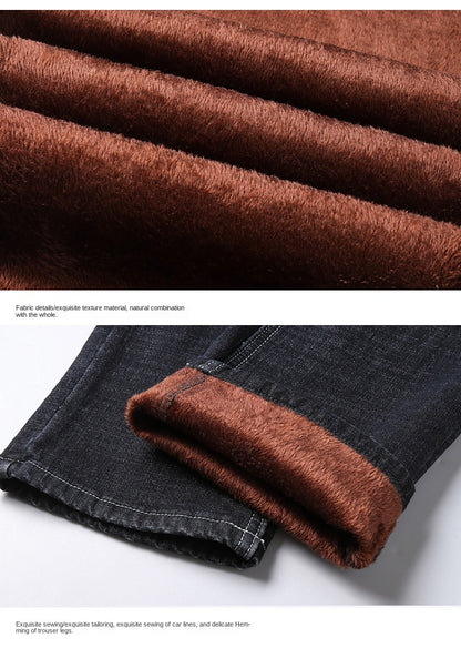 2023 Winter Men Black Blue Straight Stretch Denim Thick Velvet Pants Warm Jeans Casual Fleece Line Trousers Male Plus Size