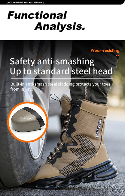 Indestructible Work Boots Men Steel Toe Shoes  High-Top Boots Anti Puncture Non Slip Work Shoes Wear-resisting Safety Shoes