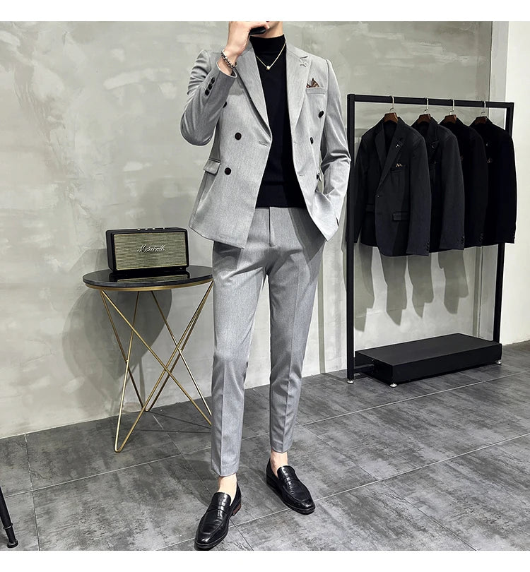 ( Blazers + Pants ) Boutique Fashion Solid Color Double-breasted Men's Casual Business Slim Suit 2-piece Set Groom Wedding Dress