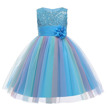 Vestido de princesa flor de lantejoulas para meninas 3-12 anos vestido de laço elegante colorido de renda de malha carnaval festa de aniversário apresentação