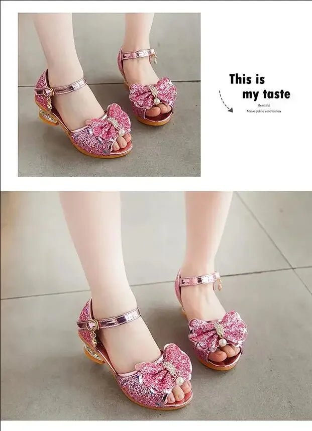 Girls Sandals Summer 2023  New Children's Princess Shoes Little Girls High-heeled Bow-knot Crystal Sandals Party Dress Wedding