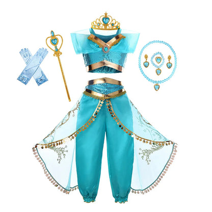 Kids Arabian Princess Dress Girls Halloween Jasmine Costume Children Carnival Cosplay Party Disguise Girl Sequins Pageant Outfit