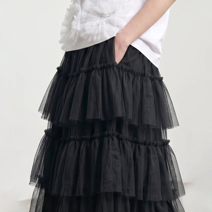 Spring Japanese Mesh High Waist Medium Length A-line Half length Skirt Women's Elastic Forest Black Cake Skirt 265434