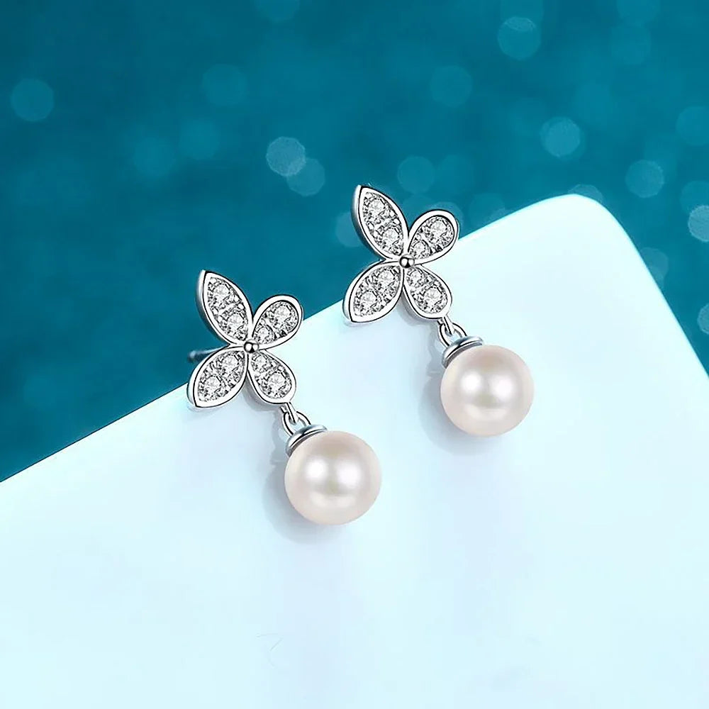 Butterfly Moissanite Diamond Drop Earrings with 8mm Freshwater Pearl 925 Sterling Silver Stud Earring for Women Fine Jewelry