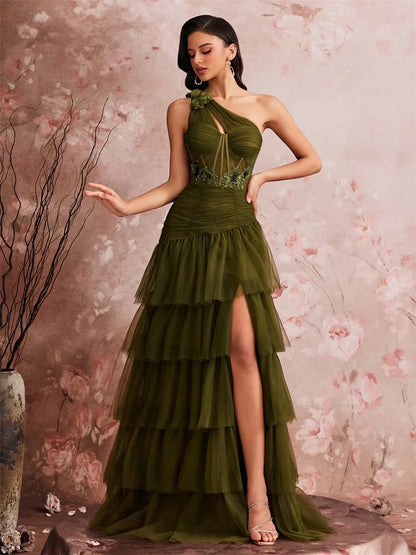 Luxury Skew-shouldered Fishbone Applique Cake Dress Elegant Tulle Slit Formal Evening Dresses Elegant Backless Party Gowns