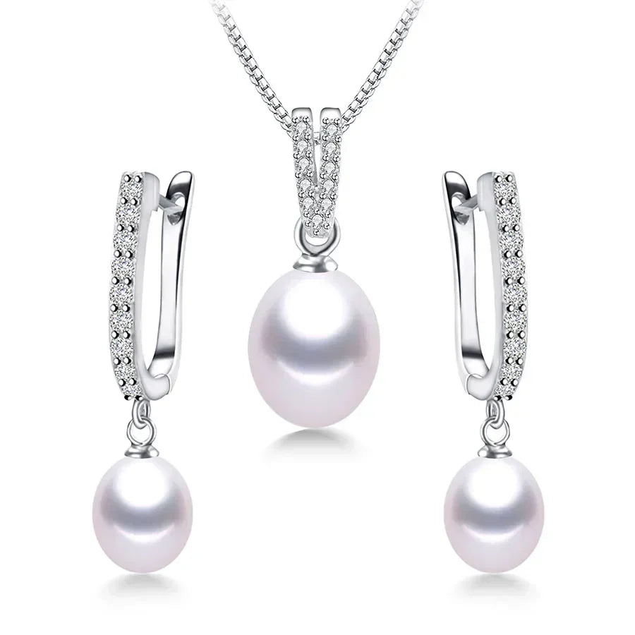 Horseshoe 8-9mm Rice Freshwater Pearl Earrings&Necklaces Jewelry Set for Women 925 Sterling Silver 45cm Pendant Necklace