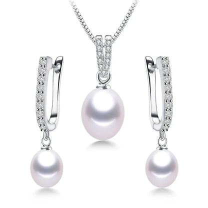 Horseshoe 8-9mm Rice Freshwater Pearl Earrings&Necklaces Jewelry Set for Women 925 Sterling Silver 45cm Pendant Necklace