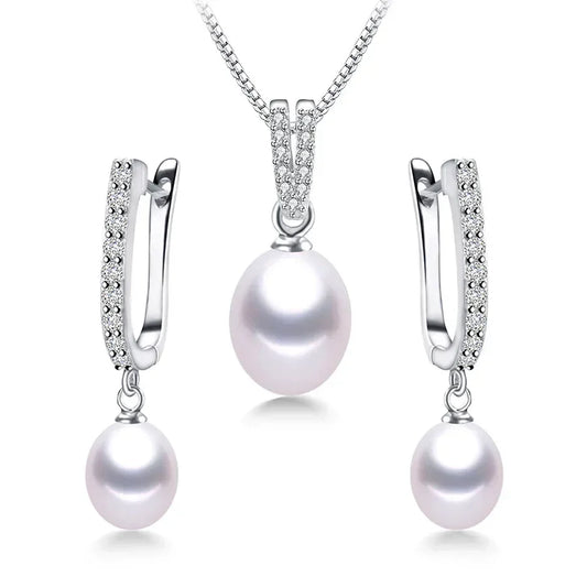 Horseshoe 8-9mm Rice Freshwater Pearl Earrings&Necklaces Jewelry Set for Women 925 Sterling Silver 45cm Pendant Necklace