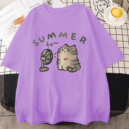 Korean Version Retro Minimalist Cat Printed Summer T-shirt Casual Loose Couple Thin Short Sleeves Women Men T Shirts