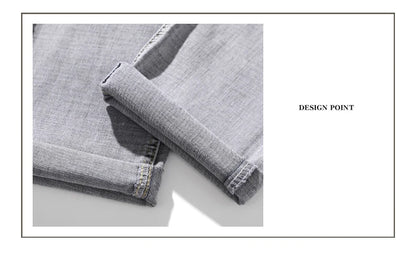 2022 Autumn Spring Fitted Straight Stretch Denim  Classic Style Badge Youth Men's Business Casual Jeans Trousers