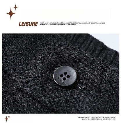 Men's Solid Straight Casual Pants Autumn Woolen Slim Fit Office Pants Vintage Elastic Waist Youth Trousers Everyday Wear