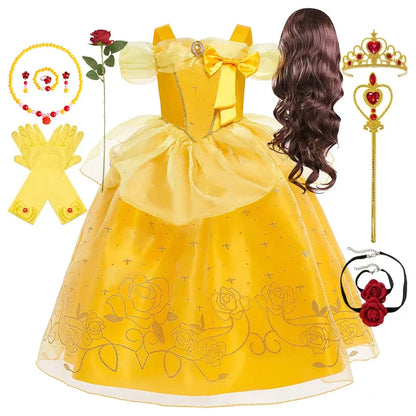 Girls Cosplay Belle Princess Dress for Kids Beauty and The Beast Costumes Children Birthday Party with Flower Clothes
