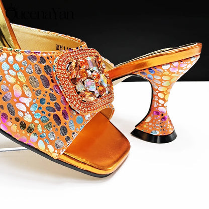 Fashion Newest Arrival Orange Color Square Toe Women Sandals Shoes Matching Bag Set for Ladies Wedding Party Pump