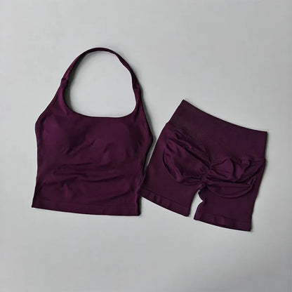 Seamless Halter Neck Yoga Wear Two Piece Women's Push up Sports Bra High Waist Tummy Control Butt Lift Fitness Shorts Set