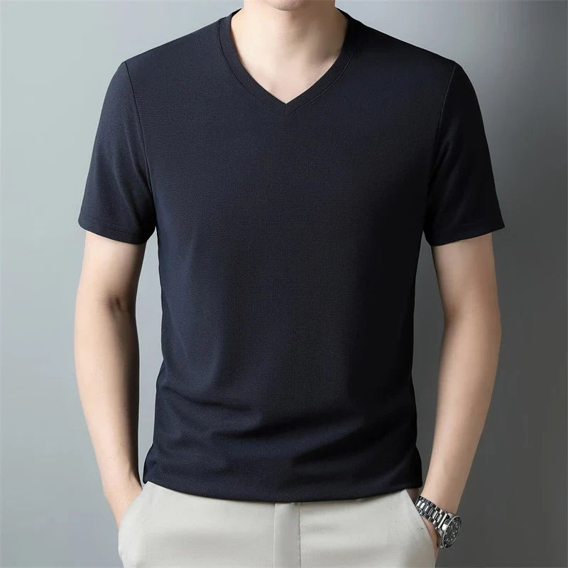 2024 Men's Waffle V Neck Short Sleeve T-Shirt Summer Comfortable Breathable Fashion Top in Solid Colors