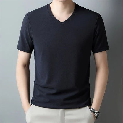2024 Men's Waffle V Neck Short Sleeve T-Shirt Summer Comfortable Breathable Fashion Top in Solid Colors