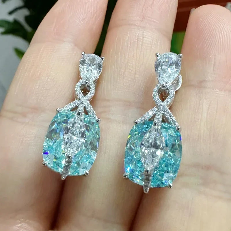 925 Sterling Silver Gold Plated Synthetic Gemstone Light Blue Paraiba Shiny Earrings for Ladies