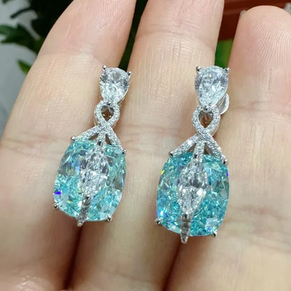 925 Sterling Silver Gold Plated Synthetic Gemstone Light Blue Paraiba Shiny Earrings for Ladies