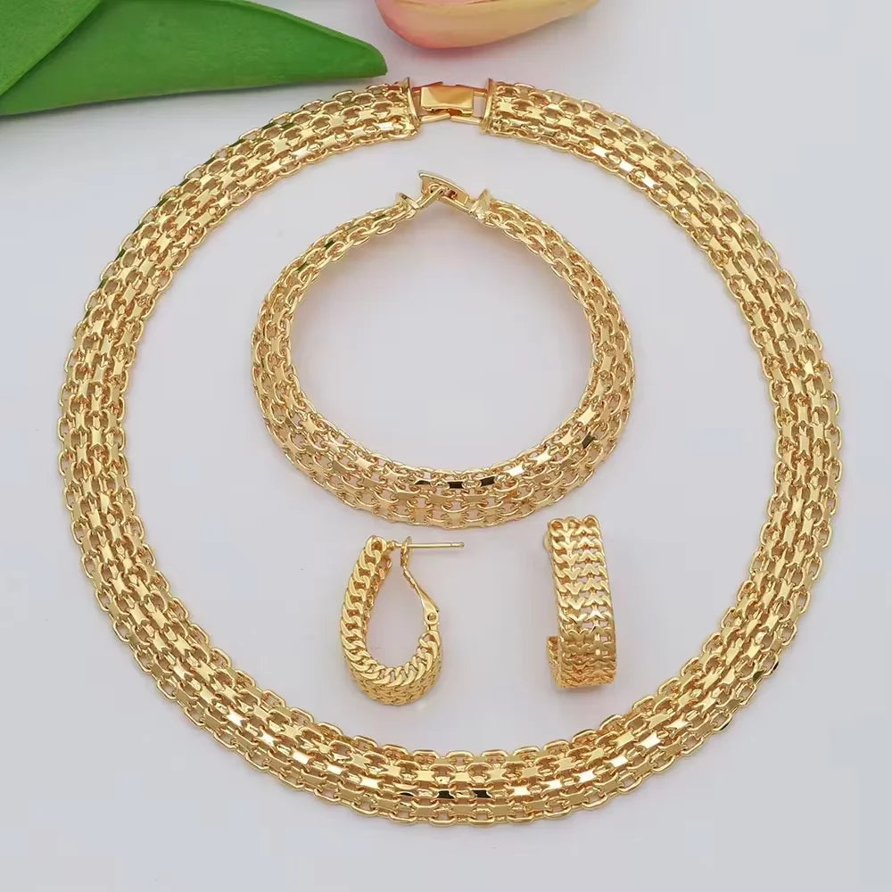 Dubai Luxury Handmade Women Jewelry Set 18k Gold-Plated Chain Necklace Bracelet Stud Earring Full Set Party Wedding Bijoux