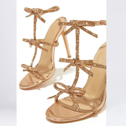 Aneikeh Fashion CRYSTAL Butterfly-knot Buckle Strap Woman Sandals Round Toe Stiletto High Heels Stripper Party Ladies Shoes