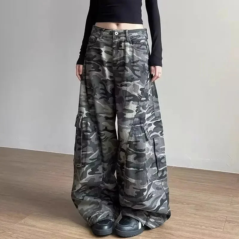 Retro Baggy Knife Edge Camouflage Denim Work Trousers