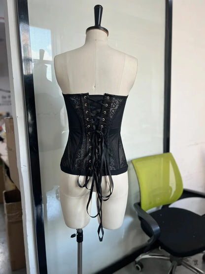 Sexy Slim Fit Corset Lace Hollow Out Sleeveless Strapless Top Lace Up Slim Fit Tops 2026 Summer Women Street Trendy Vest