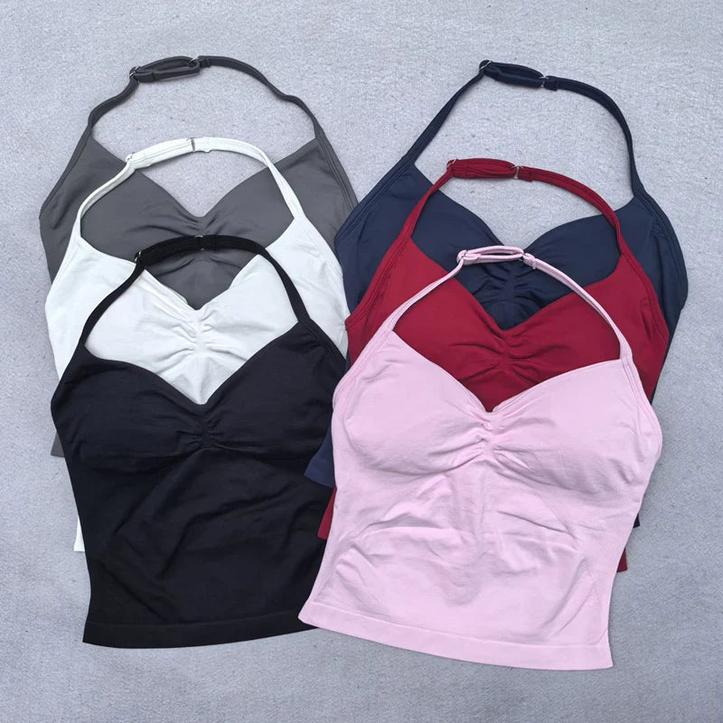 New Seamless Yoga Set Women 2Pcs Padded Halter Tank Top Scrunch Butt Lifting Gym Shorts Set Summer Sportswear Workout Clothes