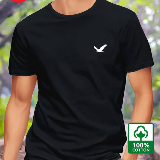 Men's Summer 100% Cotton Eagle Graphic Printed Fashion Sports and Leisure Loose Round Neck Short Sleeve T-shirt Top