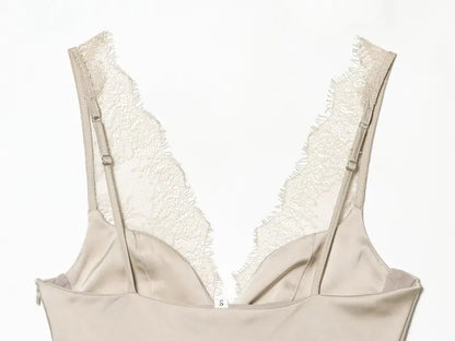 Women's Satin Lace Camisole - Sexy V-Neck Sleeveless Top for Summer, Perfect for Party & Beach Outfits, Comfortable Silky Feel