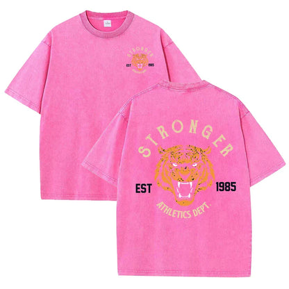 Stronger Tiger Sport Print Wash T Shirt Woman Summer Comfortable Washed Tee Casual Shortwear Soft Cotton Unisex Clothes