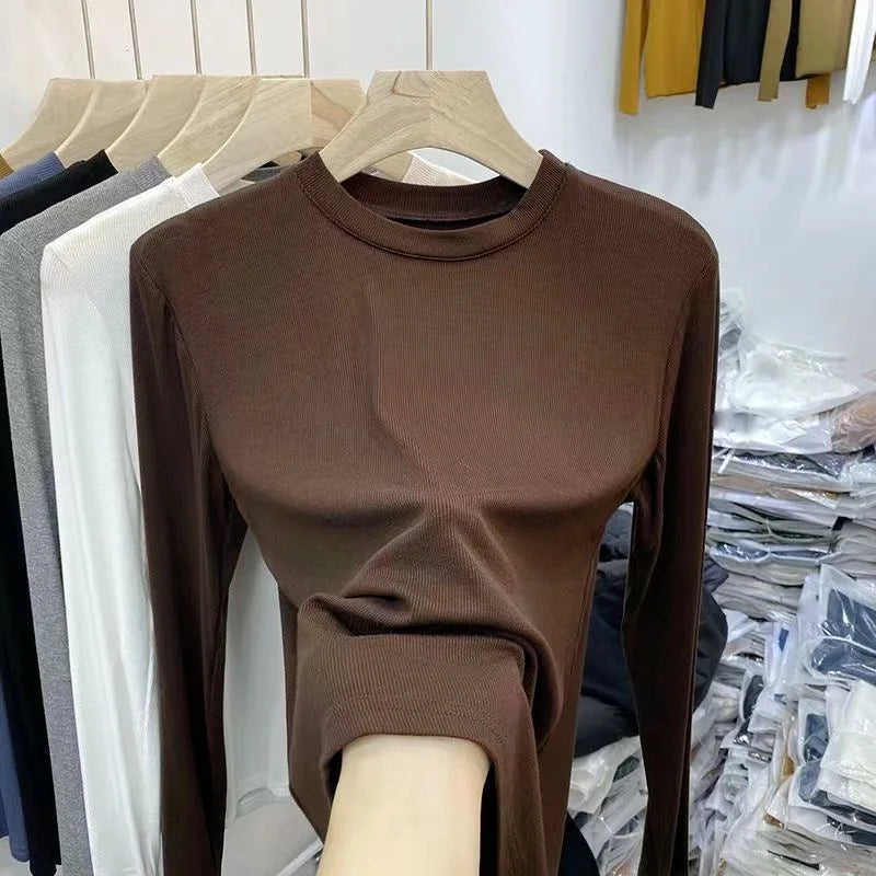 Outono Escritório Senhora Básica Gola Redonda Slim T-Shirt Feminina Cor Sólida Multicor Tendência Versátil Casual Top Manga Longa Elástico Canelado