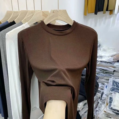 Outono Escritório Senhora Básica Gola Redonda Slim T-Shirt Feminina Cor Sólida Multicor Tendência Versátil Casual Top Manga Longa Elástico Canelado