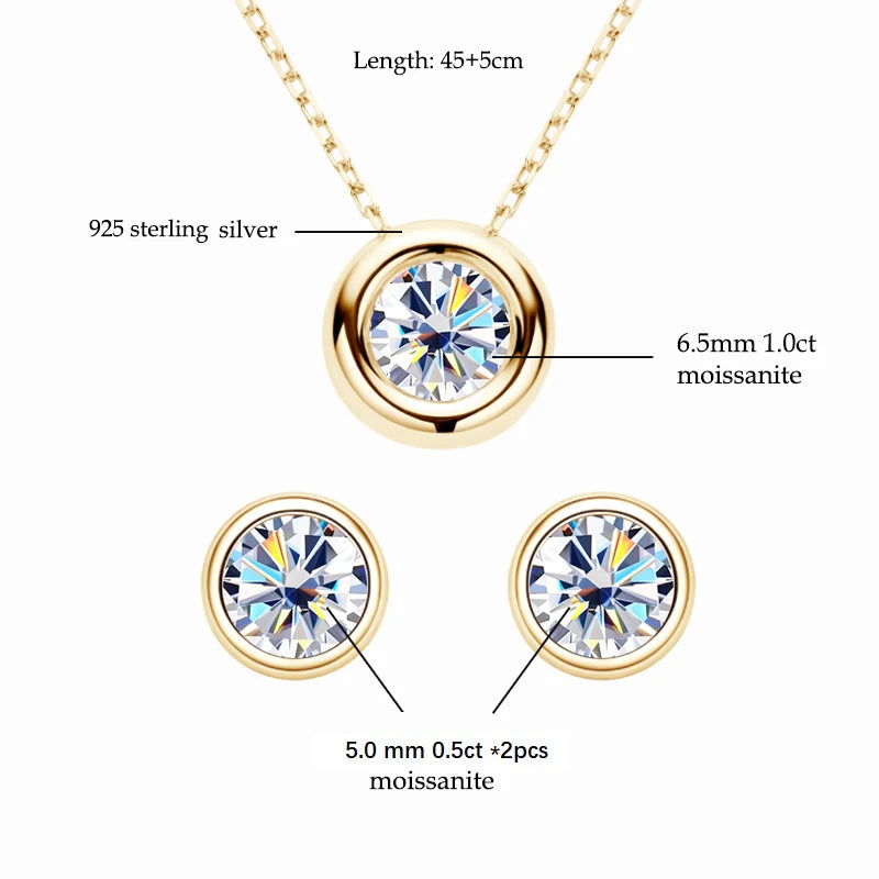 Real 3ctw. D Color Moissanite Jewelry Set 925 Silver 18k Gold Plated Pendant Necklace Stud Earrings Set for Women Men Gift