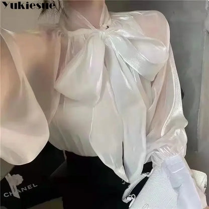 Women's Satin Blouses Stylish Big Bow Shirts 2023 Spring Autumn New Fashion Korean Edition Casual Puff Sleeve Female Solid Top