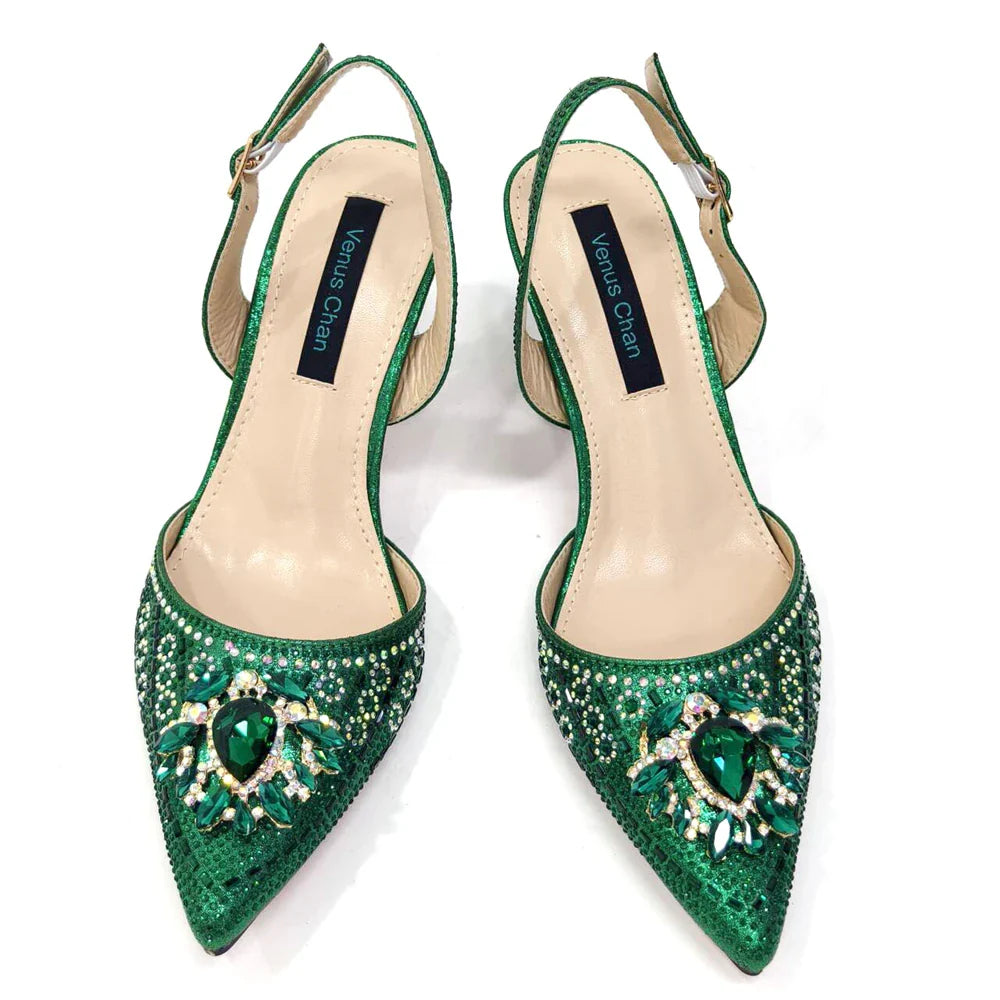 Sapatos de Salto Alto Verdes para Senhoras Design Popular Sapatos e Bolsa Africanos Estilo INS Elegante