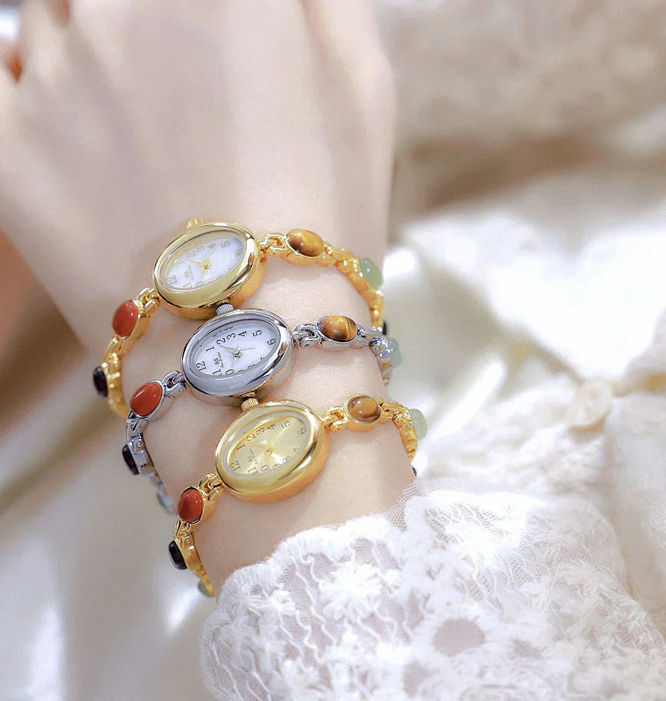 Women's watch Vintage Natural Colorful Jade Bracelet Wristwatches Clock,Luxury Elegant Small Oval Dial Quartz Watch Waterproof