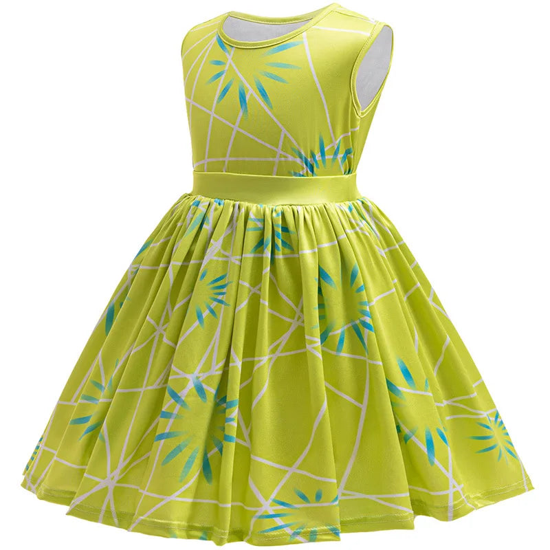 3PCS Full Printing Green Dress for Kids Girl Cosplay Dress+Scarf +Belt Disgust Costume Halloween Disguise Party Joy Clothing