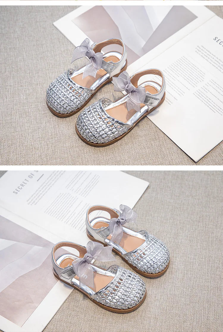 Children's Sandals Summer New Elegant Girls Princess Shoes Woven Style Beach Causal Kids Flat Sandals Solid Color Versatile