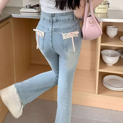 Girls Sweet Lace Bowknots Decoration Blue Flare Jeans