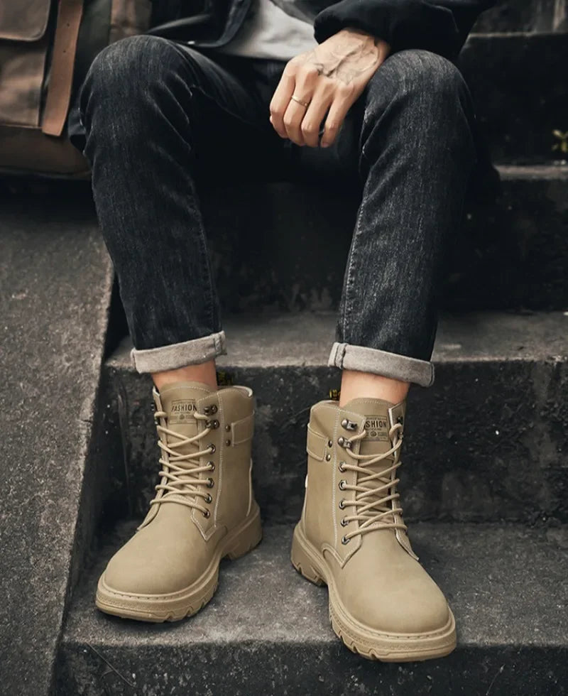 High Top Men's Shoes for Spring and Autumn, New Anti Slip and Waterproof Desert Boots Outdoor Zipper Hiking Shoes Work Boots