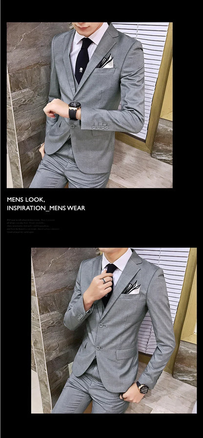 Suit (Blazer+vest+pants) Men's Fashion Business Korean Version of Solid Color Slim-fit Wedding Professional Gentleman Dress 6XL