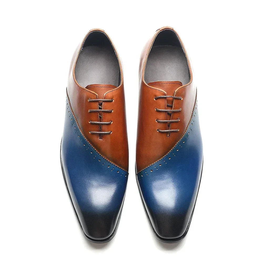 High Quality Men's Genuine Leather Wedding Dress Shoes Pointed Toe Lace-Up Formal Oxfords in Brown/Blue for Party Dinner