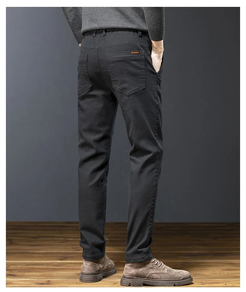 Classic Men's Fleece Slim Pants Winter Casual Velvet Business Straight Solid Thick Plush Trousers Brand Clothing Man Pants