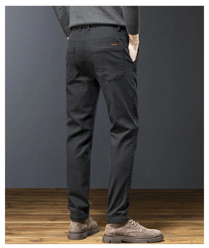 Classic Men's Fleece Slim Pants Winter Casual Velvet Business Straight Solid Thick Plush Trousers Brand Clothing Man Pants