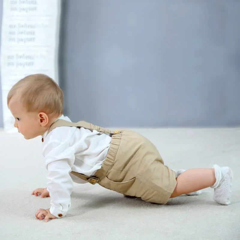 Baby Boy Gentleman Outfits Infant Cotton Linen Stand Collar Short Sleeve Shirts+Suspender Shorts Little Kid Overalls Clothes Set